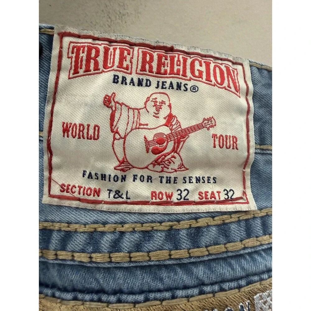 True Religion Jeans Men 34 Light Blue Big T Embroidered Straight Made in Vietnam